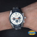 Fossil Coachman Chronograph White Dial Blue Leather Strap Watch for Men - CH3051