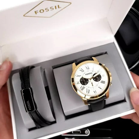 Fossil Grant Chronograph White Dial Black Leather Strap Watch for Men - FS5272