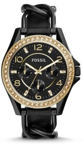 Fossil Riley Black Dial Black Leather Strap Watch for Women - ES3696