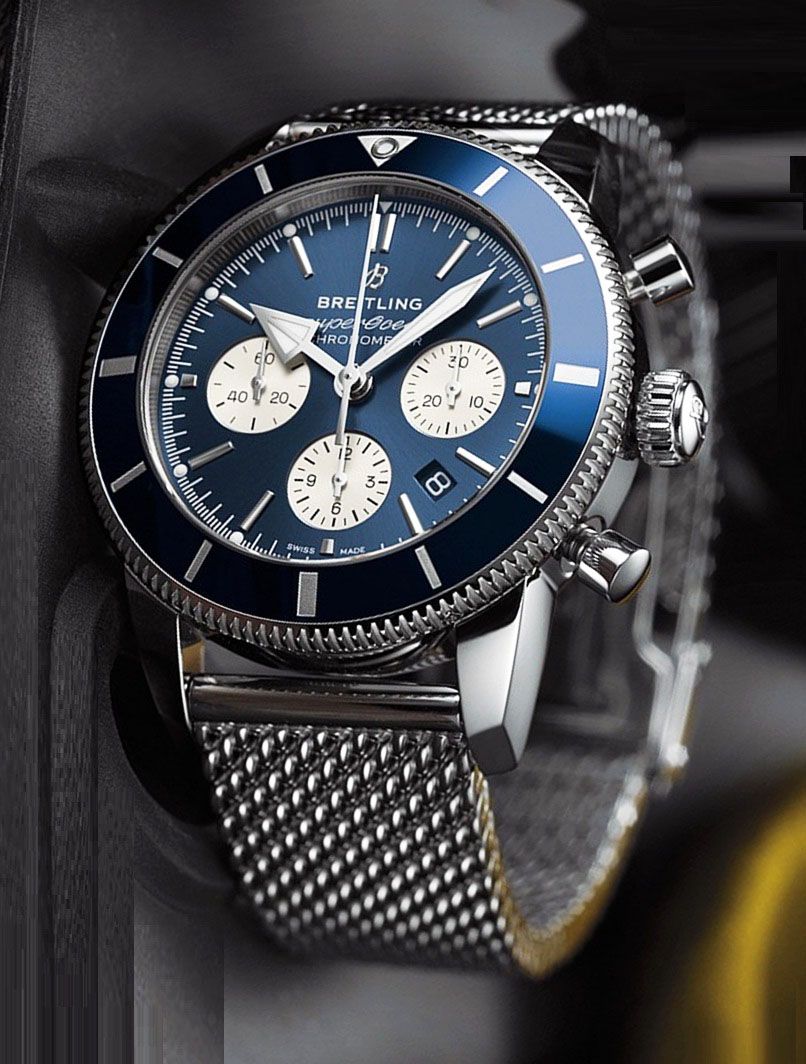 Breitling Superocean Heritage B01 Chronograph 44 Blue Dial Silver Mesh Bracelet Watch for Men - AB0162161C1A1