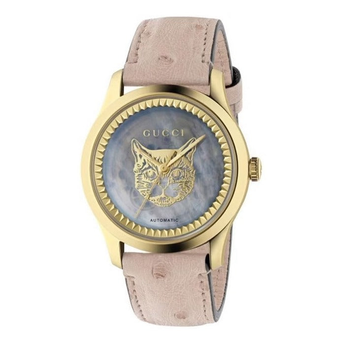 Gucci G Timeless Skeleton 16K Gold Mother of Pearl Blue Dial Pink Leather Strap Watch For Women - YA1264110