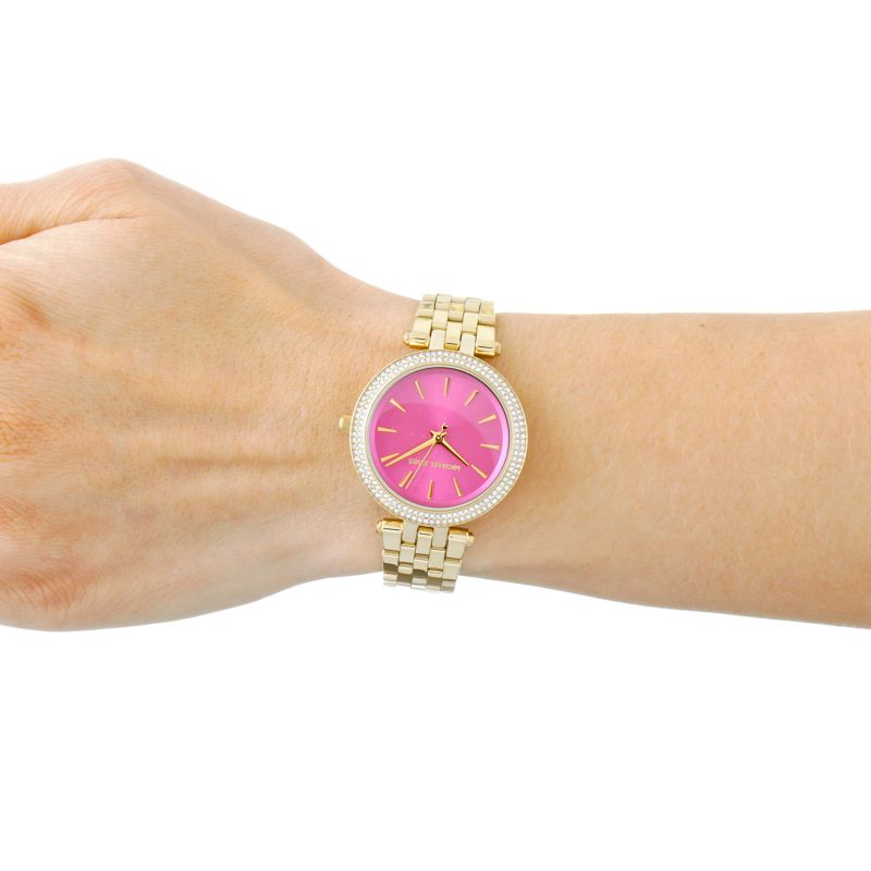 Michael Kors Darci Fuchsia Dial Gold Steel Strap Watch for Women - MK3444