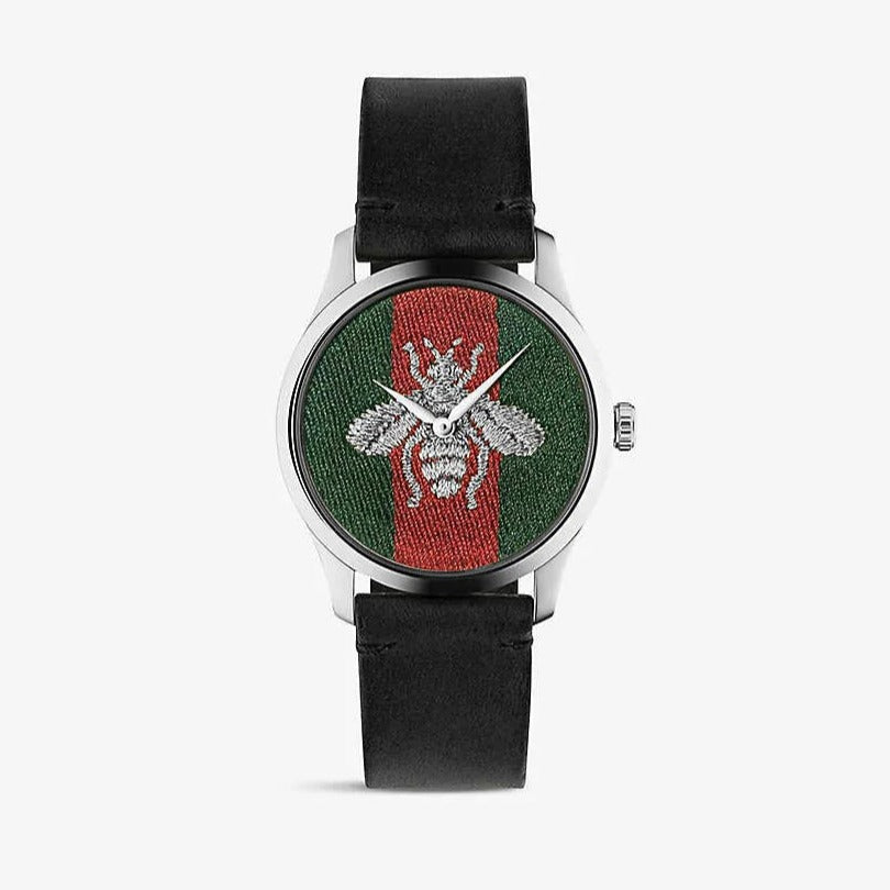 Gucci G Timeless Quartz Green & Red Dial Black Leather Strap Watch For Men - YA1264149