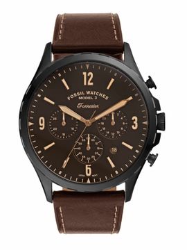 Fossil Forrester Chronograph Black Dial Brown Leather Strap Watch for Men - FS5608