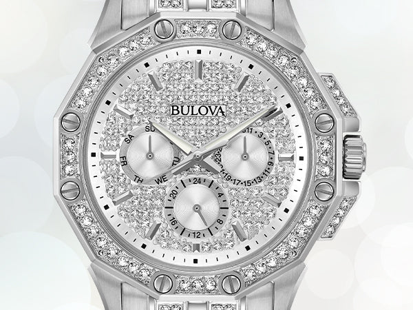 Bulova Crystal Collection Pave Crystals  Silver Dial Silver Steel Strap Watch for Men - 96C134