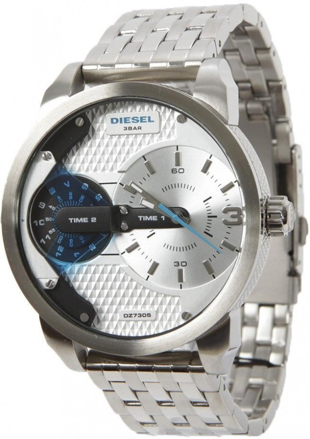 Diesel Mini Daddy Dual Time Silver Dial Stainless Steel Watch For Men - DZ7305