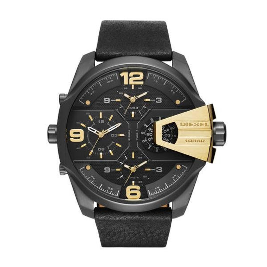 Diesel Uber Chief Two Hand Black Dial Black Leather Strap Watch For Men - DZ7377