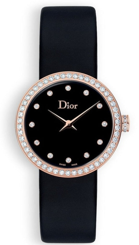 Dior La D De Diamonds Black Dial Black Leather Strap Watch for Women - CD047170A005 0000