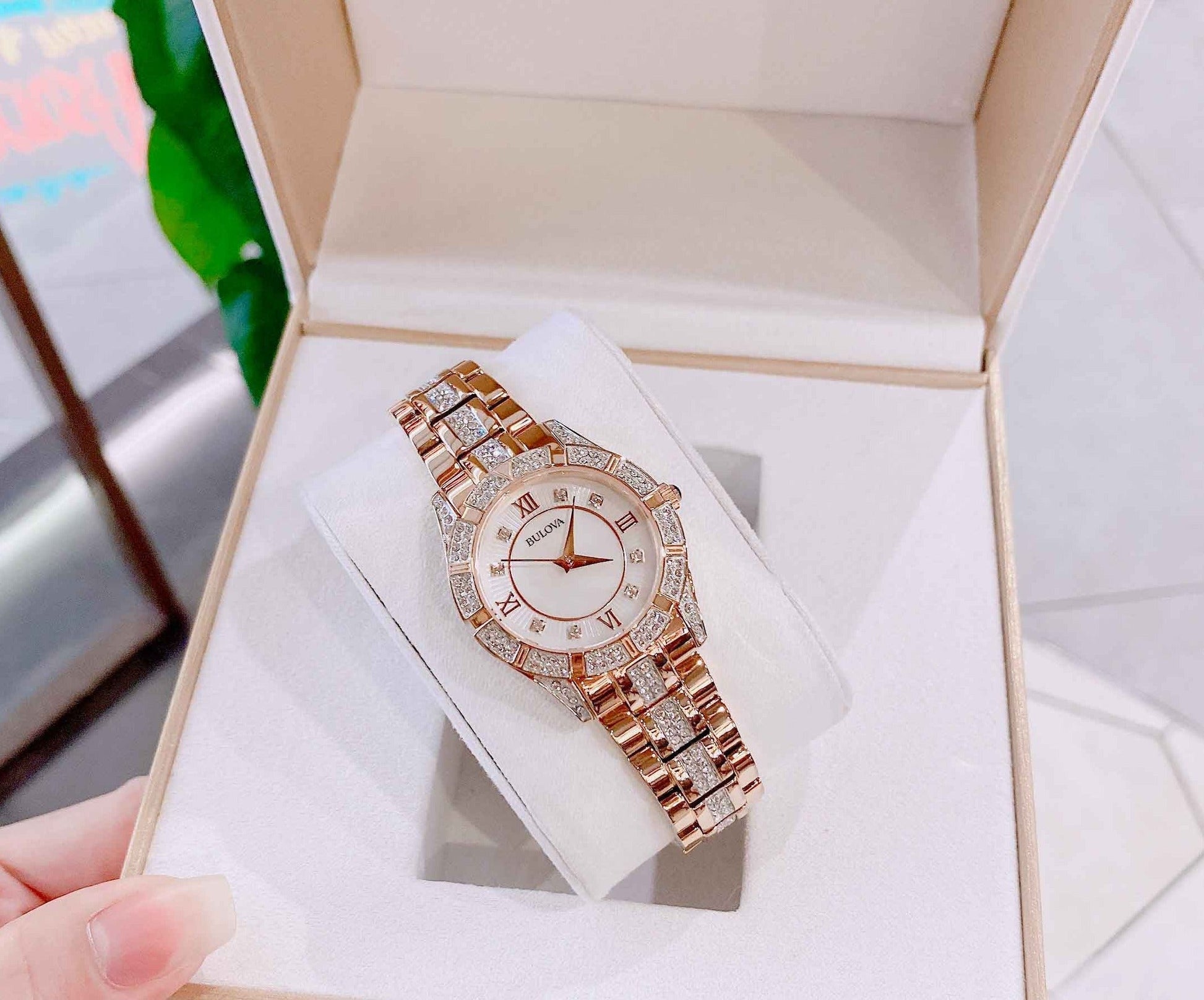 Bulova Crystal Mother of Pearl Dial Rose Gold Steel Strap Watch for Women - 98L197