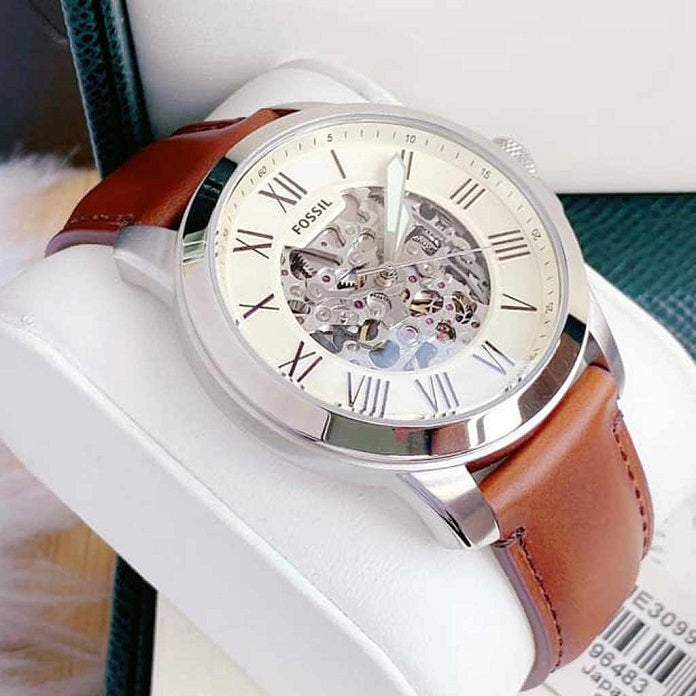 Fossil Grant Automatic Skeleton Beige Dial Brown Leather Strap Watch for Men - ME3099