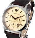 Emporio Armani Classic Chronograph Beige Dial Brown Leather Strap Watch For Men - AR2433