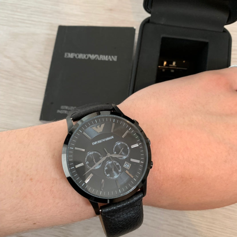 Emporio Armani Sportivo Chronograph Black Dial Black Leather Strap Watch For Men - AR2461