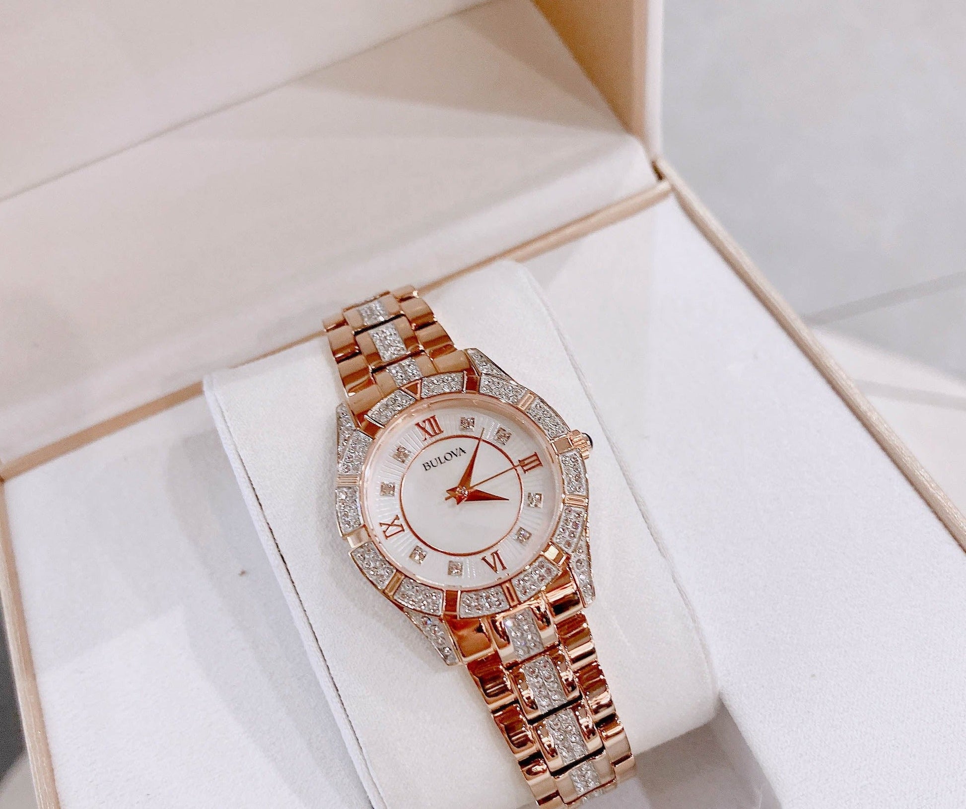 Bulova Crystal Mother of Pearl Dial Rose Gold Steel Strap Watch for Women - 98L197