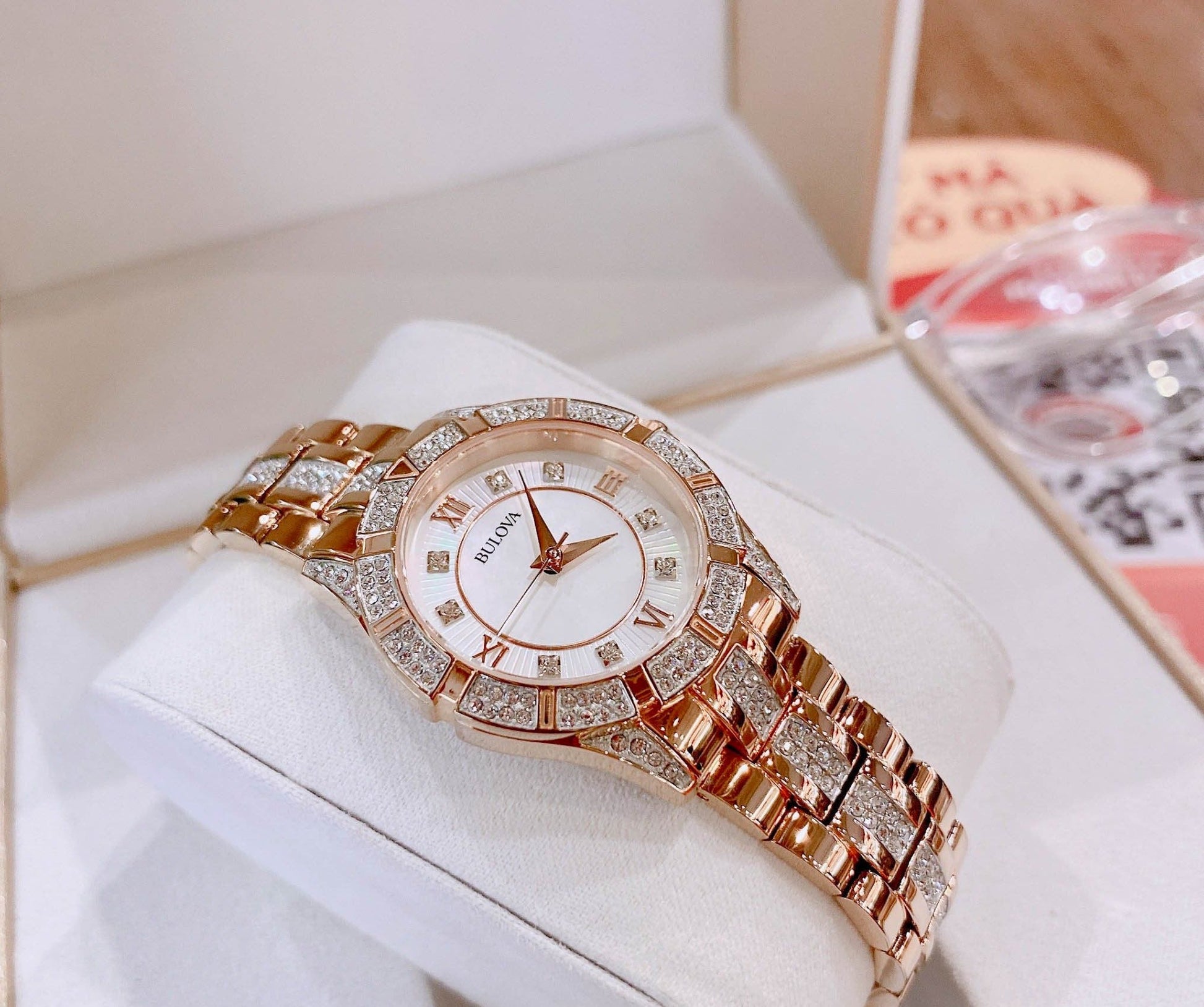 Bulova Crystal Mother of Pearl Dial Rose Gold Steel Strap Watch for Women - 98L197