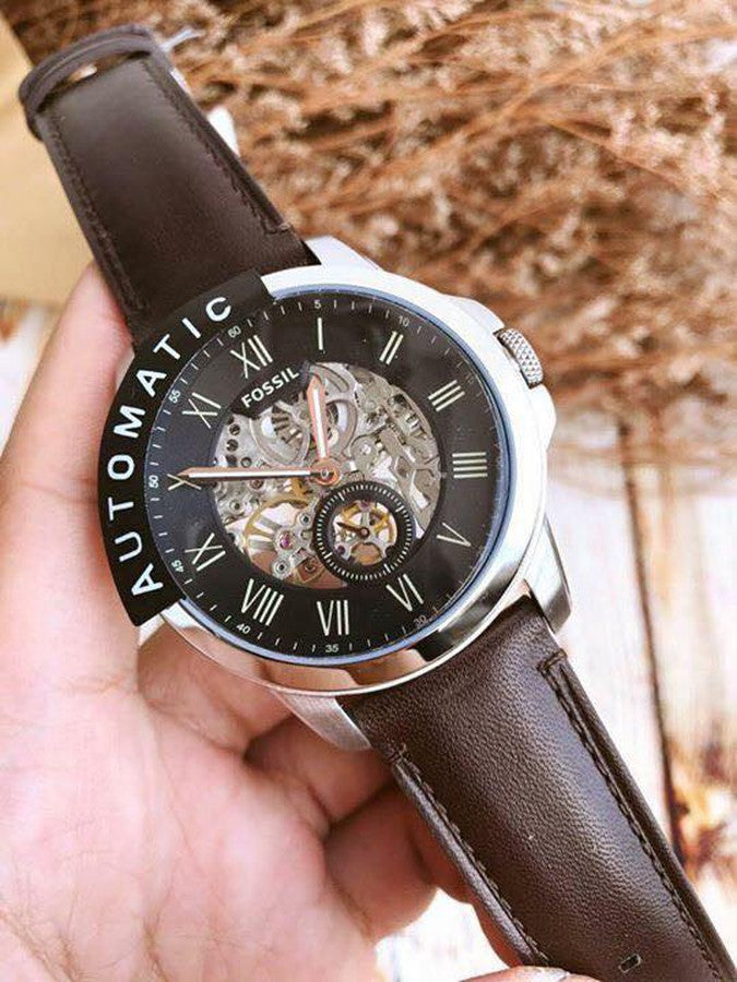 Fossil Grant Automatic Skeleton Black Dial Brown Leather Strap Watch for Men - ME3095