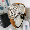 Fossil Boyfriend Automatic Skeleton Silver Dial Brown Leather Strap Watch for Women - ME3109