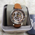 Fossil Boyfriend Automatic Skeleton Silver Dial Brown Leather Strap Watch for Women - ME3109