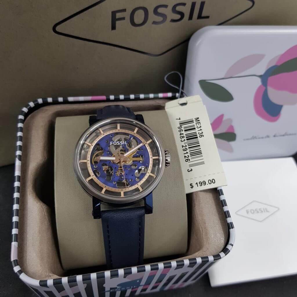 Fossil Boyfriend Skeleton Silver Dial Blue Leather Strap Watch for Women - ME3136