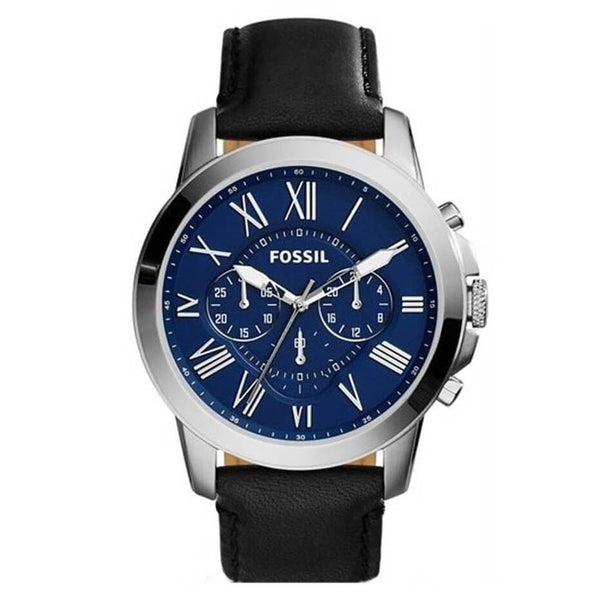 Fossil Grant Chronograph Blue Dial Black Leather Strap Watch for Men - FS4990