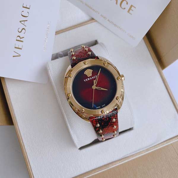 Versace Shadov Quartz Red Dial Red Leather Strap Watch for Women - VEBM00918