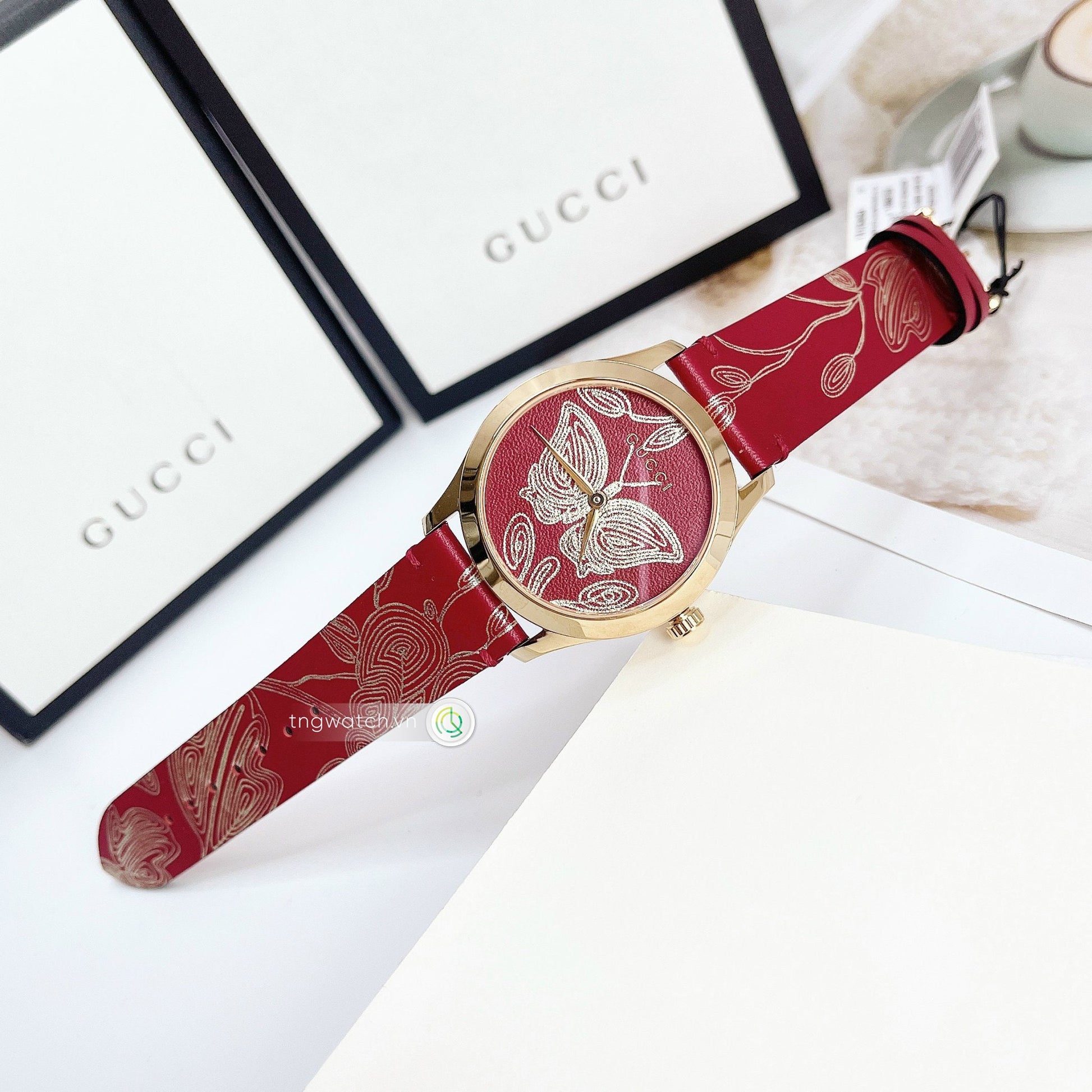 Gucci G Timeless Quartz Red Dial Red Leather Strap Watch For Women - YA1264054