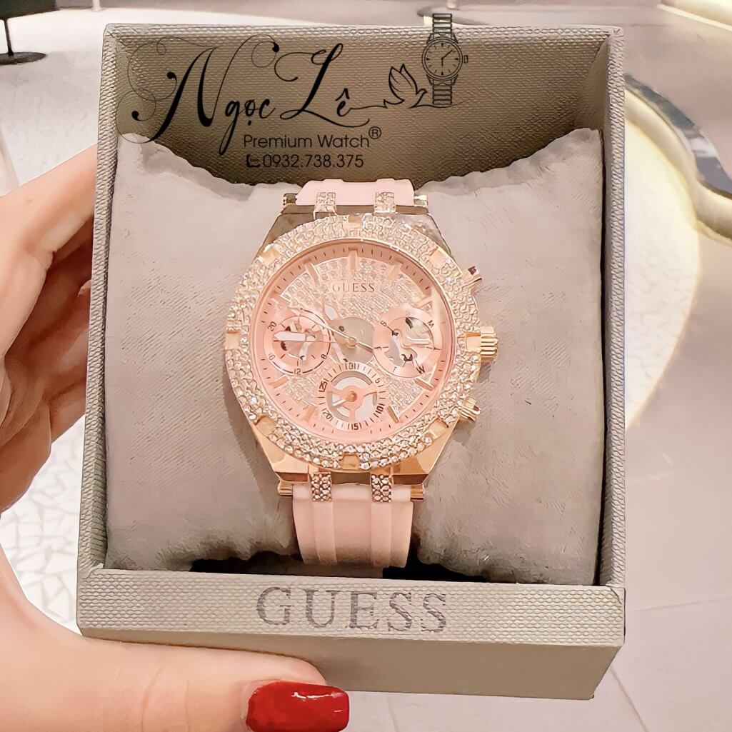 Guess Heiress Diamonds Rose Gold Dial Pink Rubber Strap Watch for Women - GW0407L3