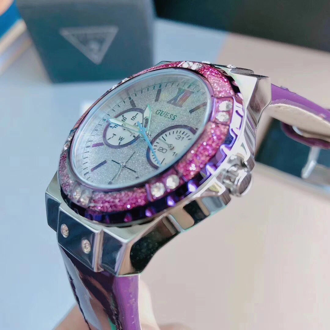 Guess Limelight Quartz Silver Dial Purple Leather Strap Watch For Women - W0775L6