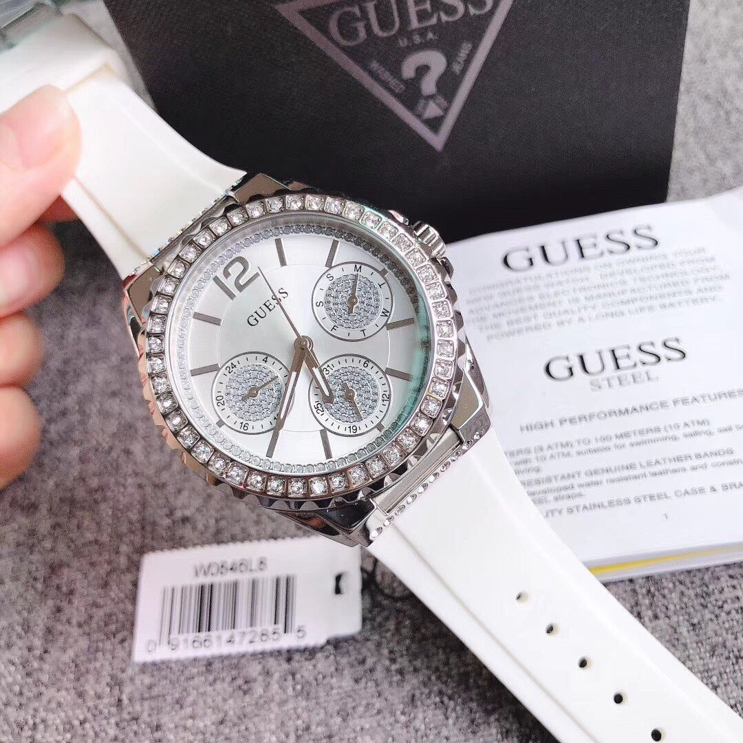 Guess Starlight Multifunction Diamonds White Dial White Rubber Strap Watch for Women - W0846L8