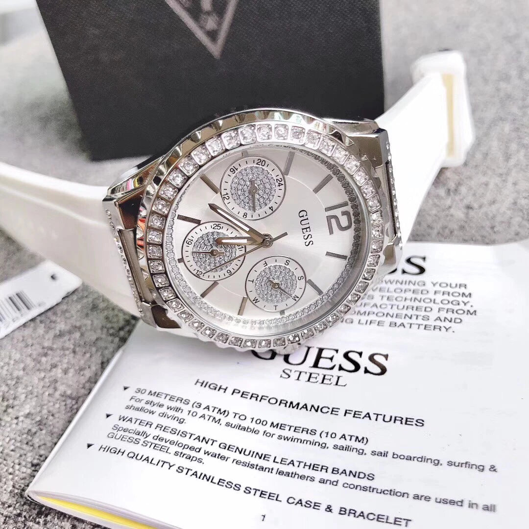 Guess Starlight Multifunction Diamonds White Dial White Rubber Strap Watch for Women - W0846L8