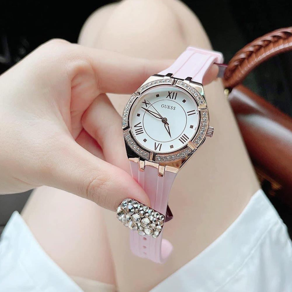 Guess Cosmo Diamonds Silver Dial Pink Silicone Strap Watch for Women - GW0034L3