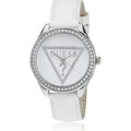 Guess Mini Triangle Quartz Diamonds Silver Dial White Leather Strap Watch For Women - W65006L1