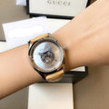 Gucci G Timeless Automatic Mother of Pearl Dial Brown Leather Strap Watch For Women - YA1264112