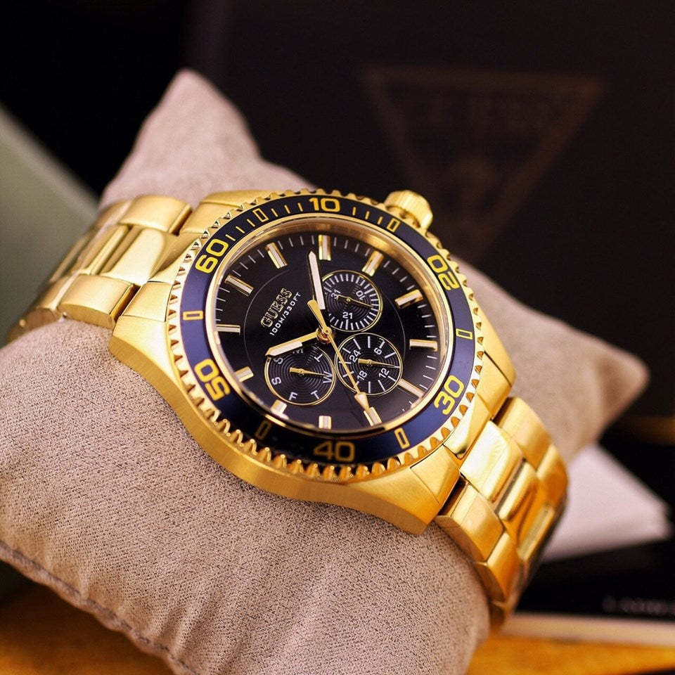 Guess Chaser Multifunction Blue Dial Gold Steel Strap Watch for Men - W0172G5