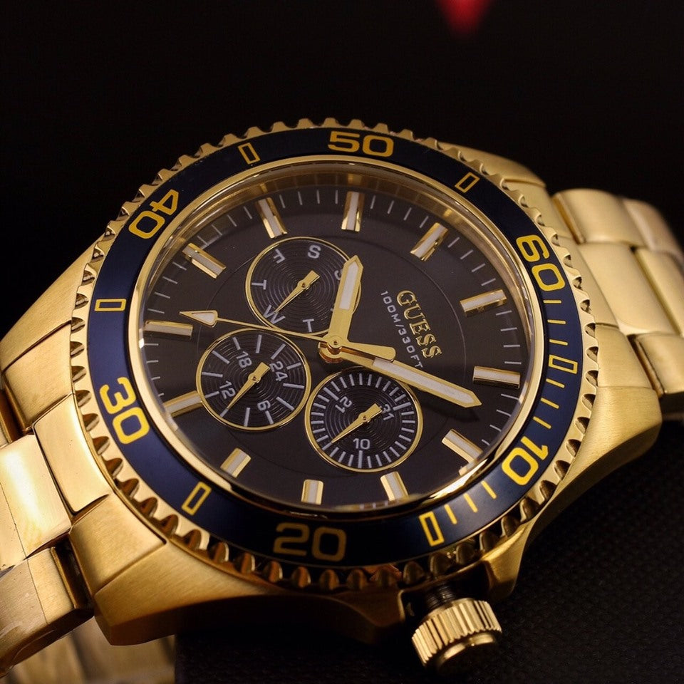 Guess Chaser Multifunction Blue Dial Gold Steel Strap Watch for Men - W0172G5