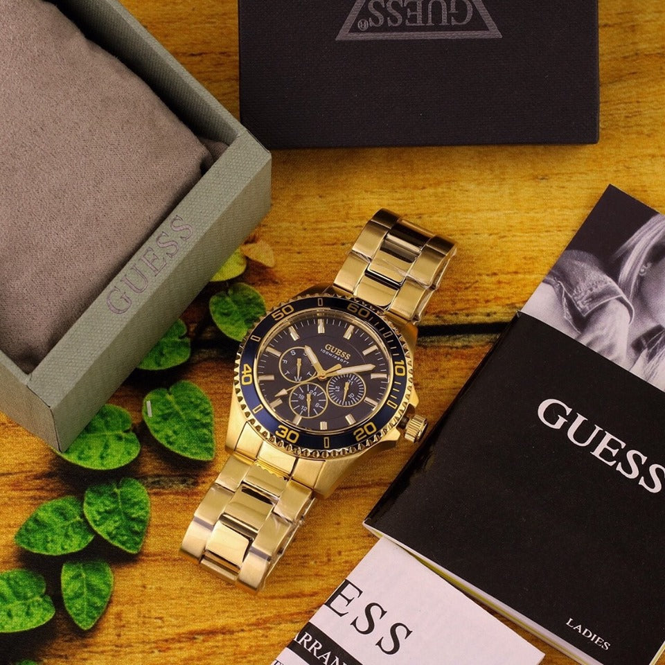 Guess Chaser Multifunction Blue Dial Gold Steel Strap Watch for Men - W0172G5