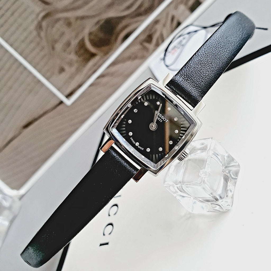 Tissot Lovely Square Diamonds Black Dial Black Leather Strap Watch For Women - T058.109.16.056.00