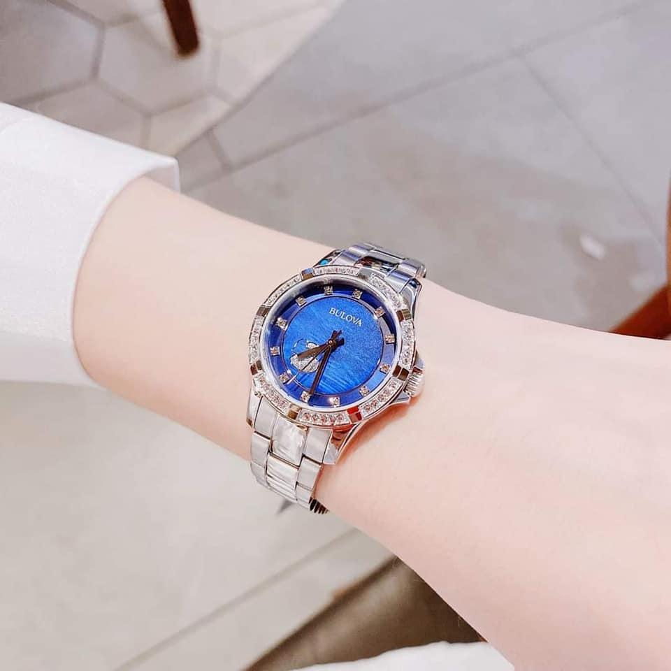 Bulova Crystal Collection Mother of Pearl Blue Dial Silver Steel Strap Watch for Women - 96L238