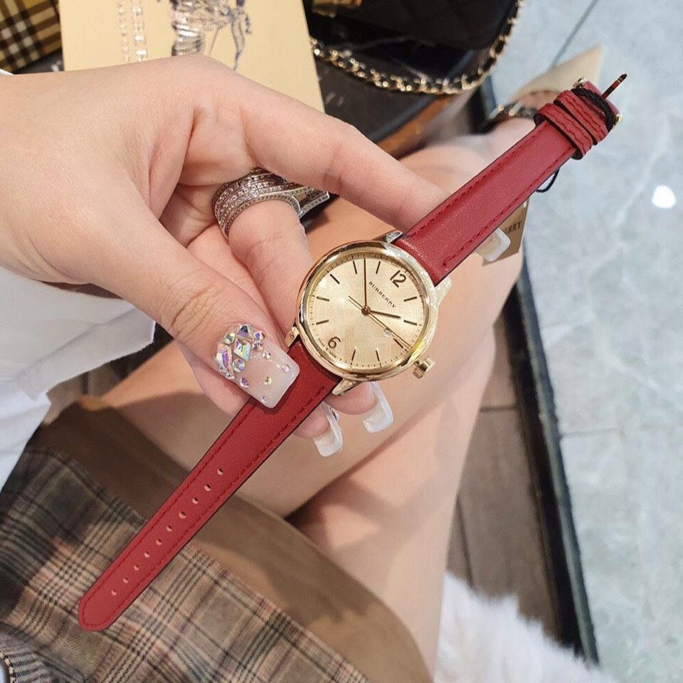 Burberry The Classic Gold Dial Red Leather Strap Watch for Women - BU10102