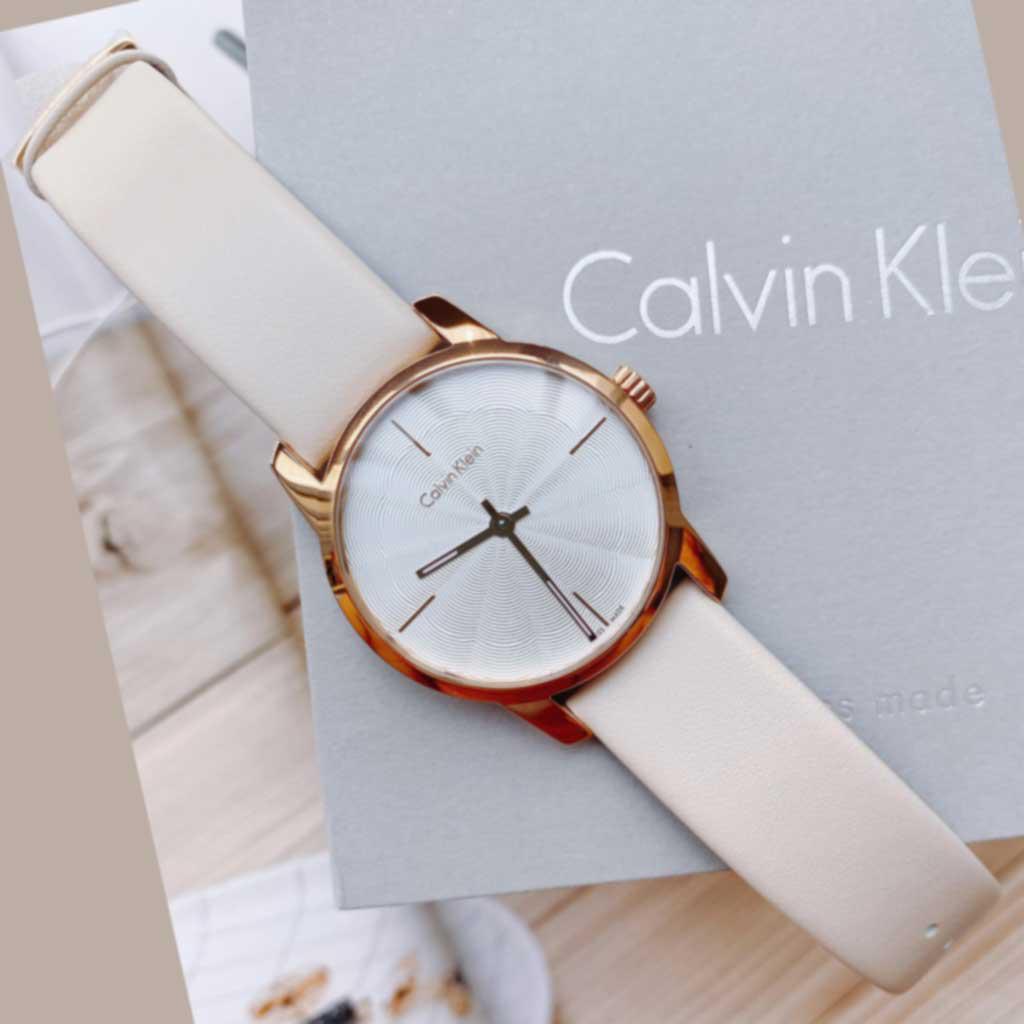 Calvin Klein City Silver Dial White Leather Strap Watch for Women - K2G236X6