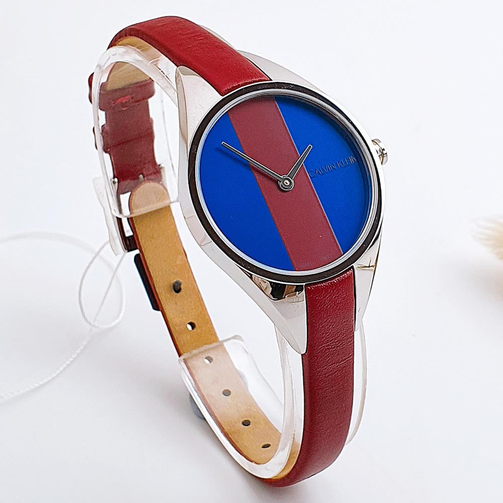 Calvin Klein Rebel Blue Dial Maroon Leather Strap Watch for Women - K8P231UN