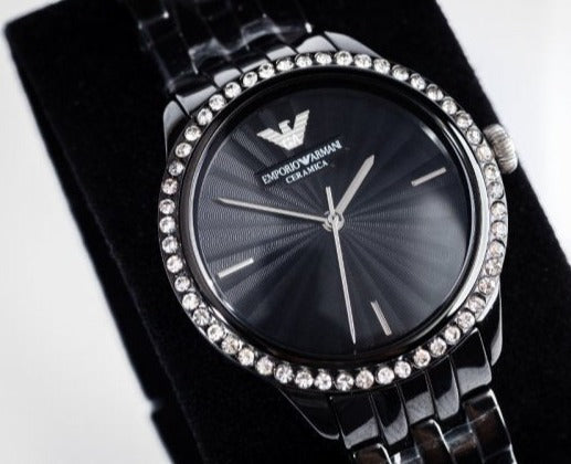 Emporio Armani Ceramica Black Dial with Crystals Black Ceramic Strap Watch For Women - AR1478