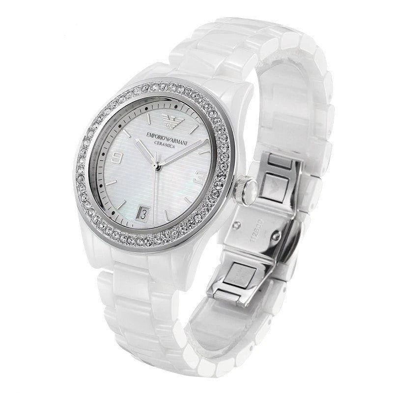 Emporio Armani Ceramica Mother of Pearl White Dial White Steel Strap Watch For Women - AR1426