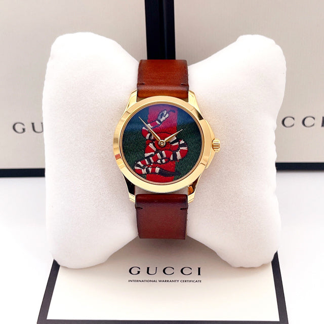 Gucci Le Marche Des Merveilles Green and Red Dial Brown Leather Strap Unisex Watch - YA1264012