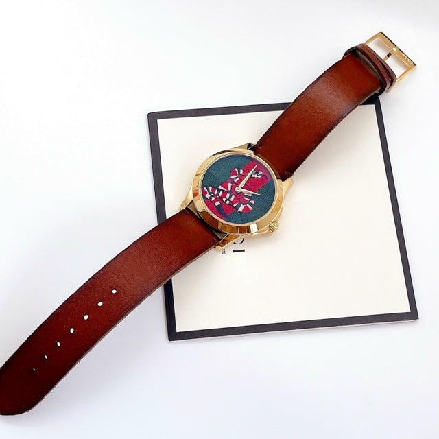 Gucci Le Marche Des Merveilles Green and Red Dial Brown Leather Strap Unisex Watch - YA1264012