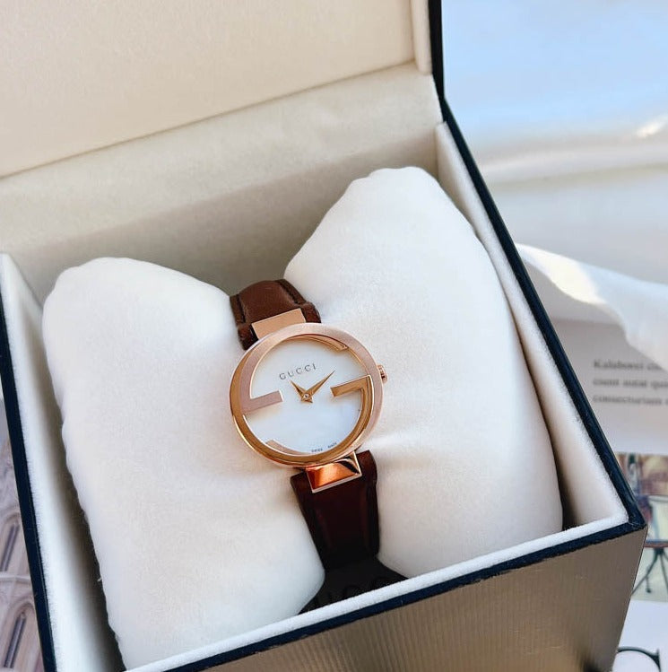 Gucci Interlocking Mother of Pearl Dial Brown Leather Strap Watch For Women - YA133516