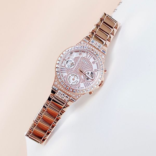 Guess Moonlight Multi Function Diamonds White Dial Rose Gold Steel Strap Watch for Women - GW0320L3