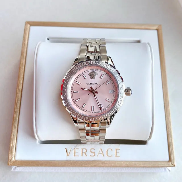 Versace Hellenyium Pink Dial Silver Steel Strap Watch for Women - V12010015