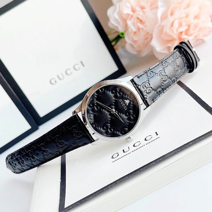 Gucci G Timeless Quartz Black Dial Black Leather Strap Watch For Men - YA1264031