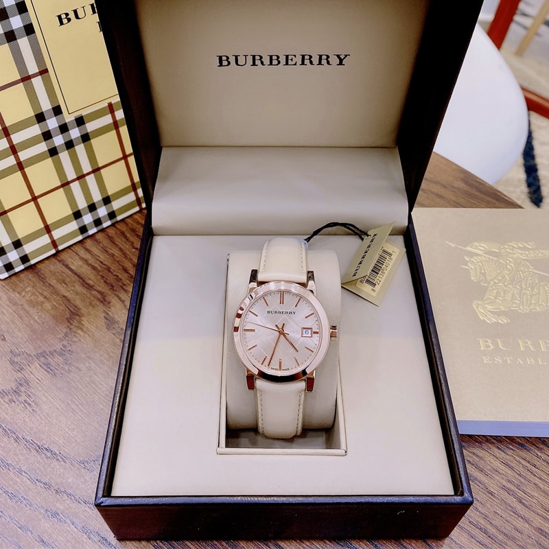 Burberry The City Beige Dial Beige Leather Strap Watch for Women - BU9109