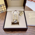 Burberry Pioneer Gold Dial Haymarket Beige Leather Strap Watch for Women - BU9407